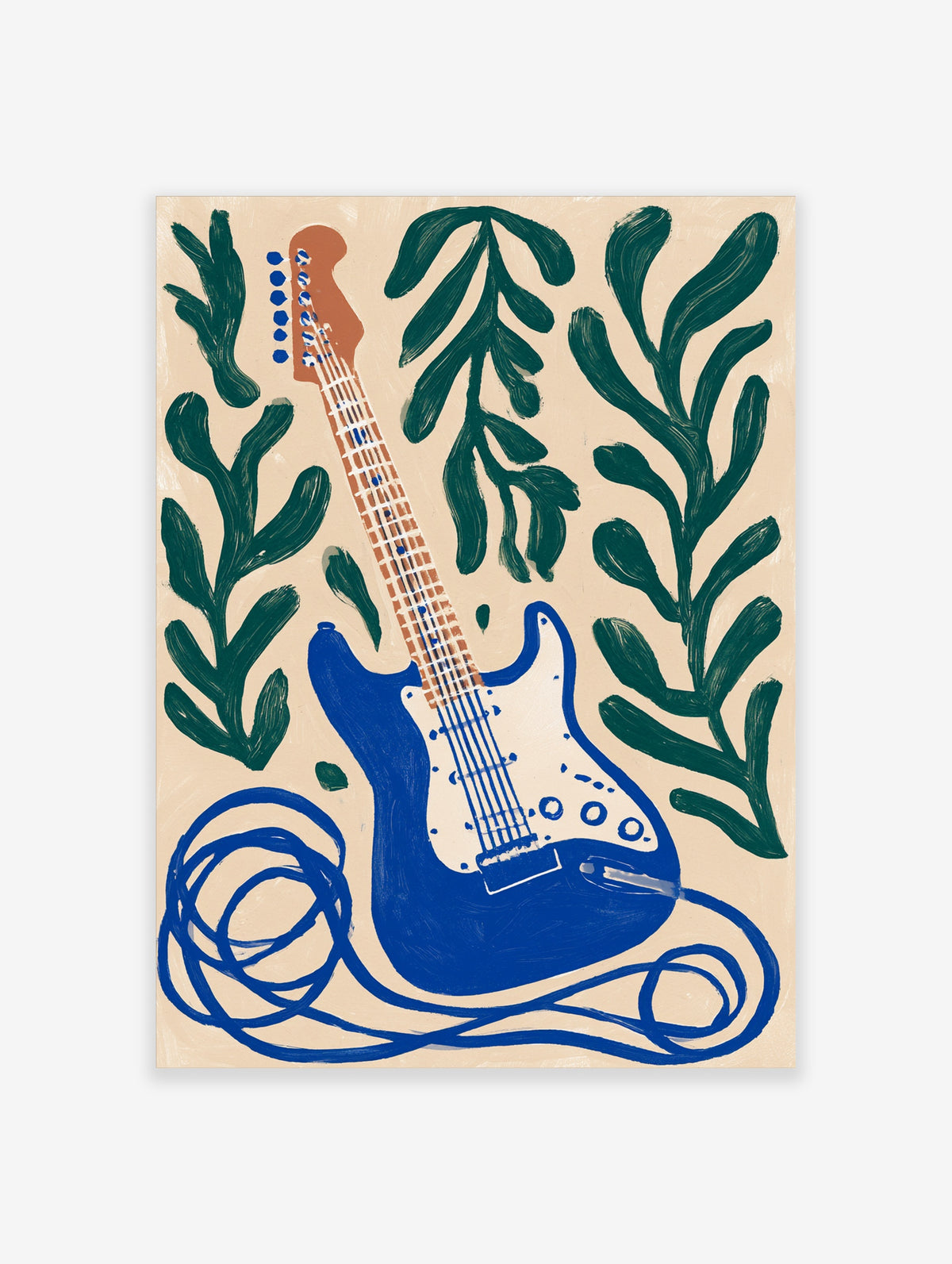 Blue electric guitar poster with coiled cable and dark green botanical leaves on beige background