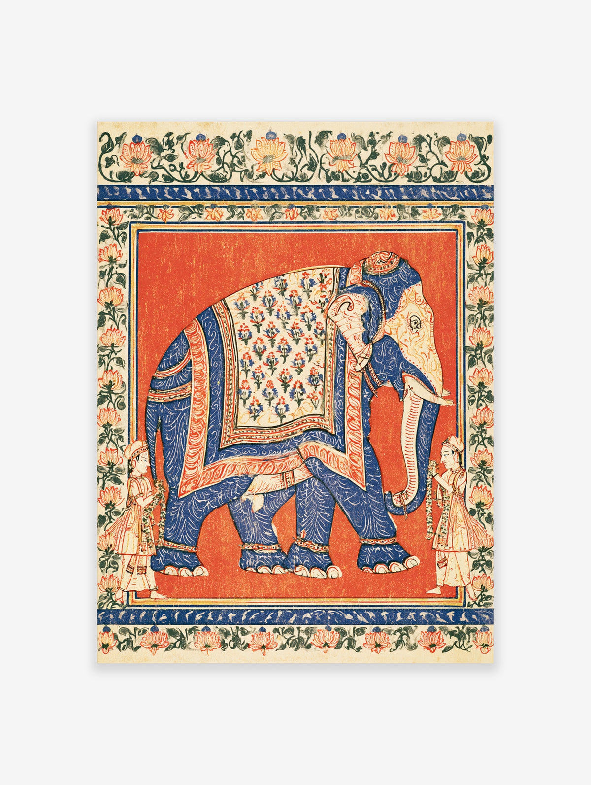 Blue elephant Indian miniature art print with floral saddle and attendants on red ground
