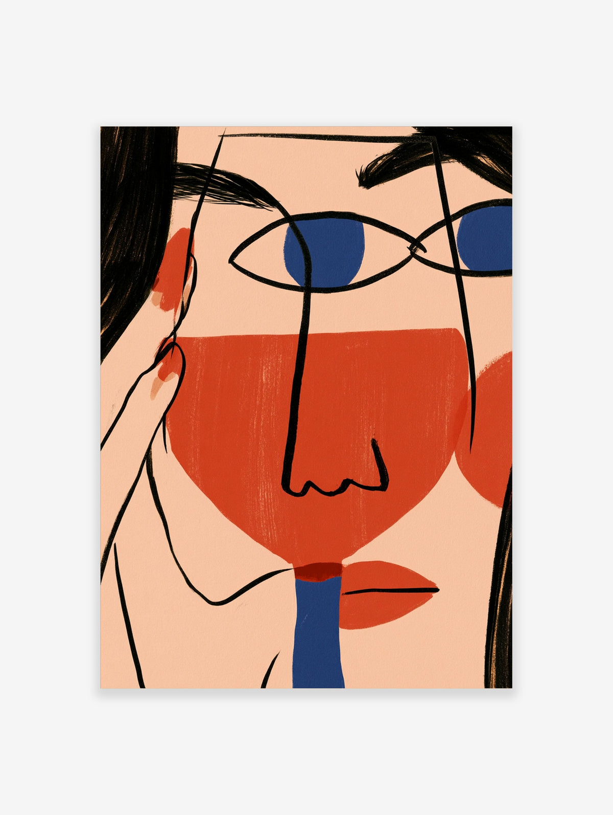 Abstract face poster with blue eye, red mouth, and black line work on peach ground
