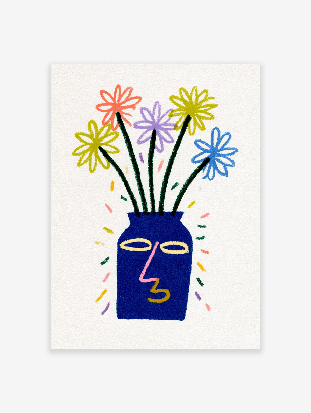 Contemporary illustration of a blue face-shaped vase with a bouquet of colourful daisy flowers on a white background