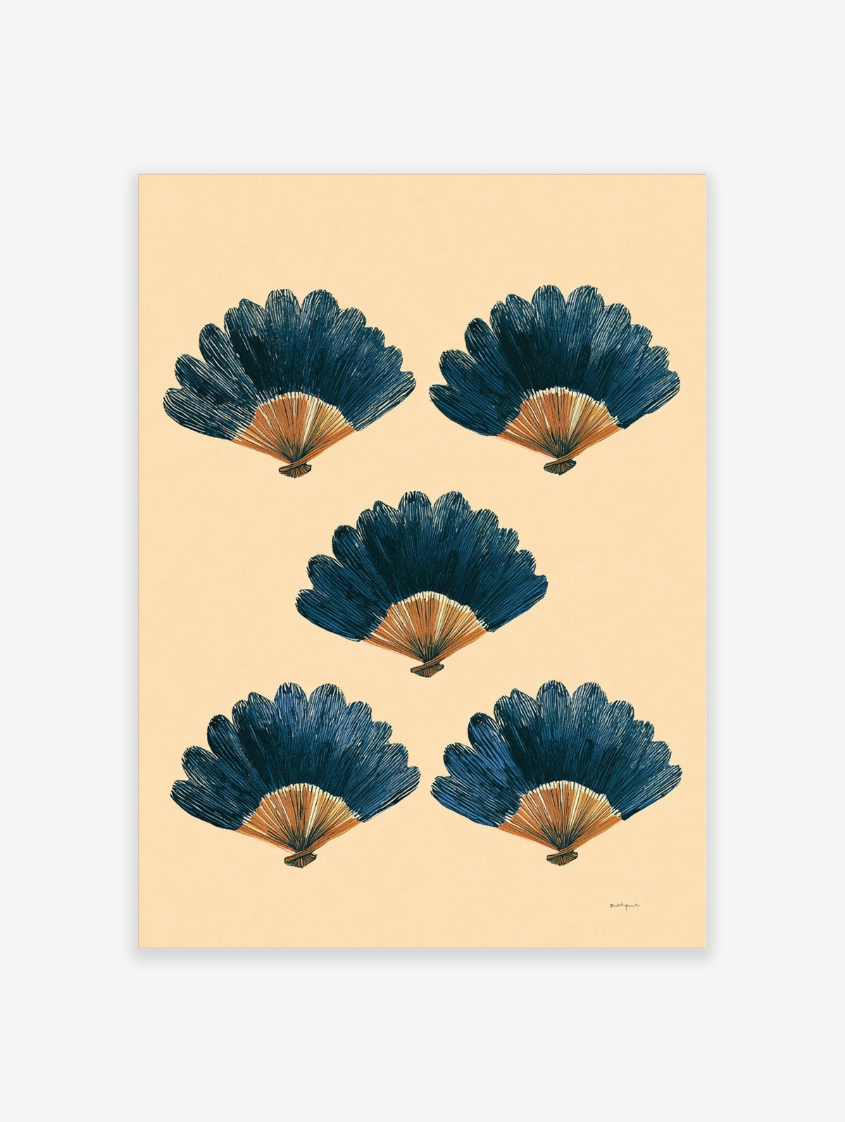 Five illustrative blue and orange-brown fans arranged symmetrically on a beige background