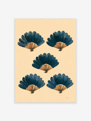 Five illustrative blue and orange-brown fans arranged symmetrically on a beige background