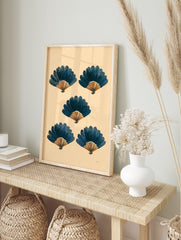 Five illustrative blue and orange-brown fans arranged symmetrically on a beige background, in an alternate framed mockup
