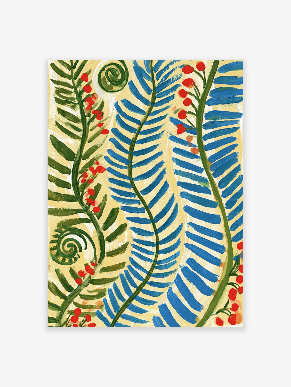 Blue fern botanical poster with green spiral fronds and red berries on a cream background