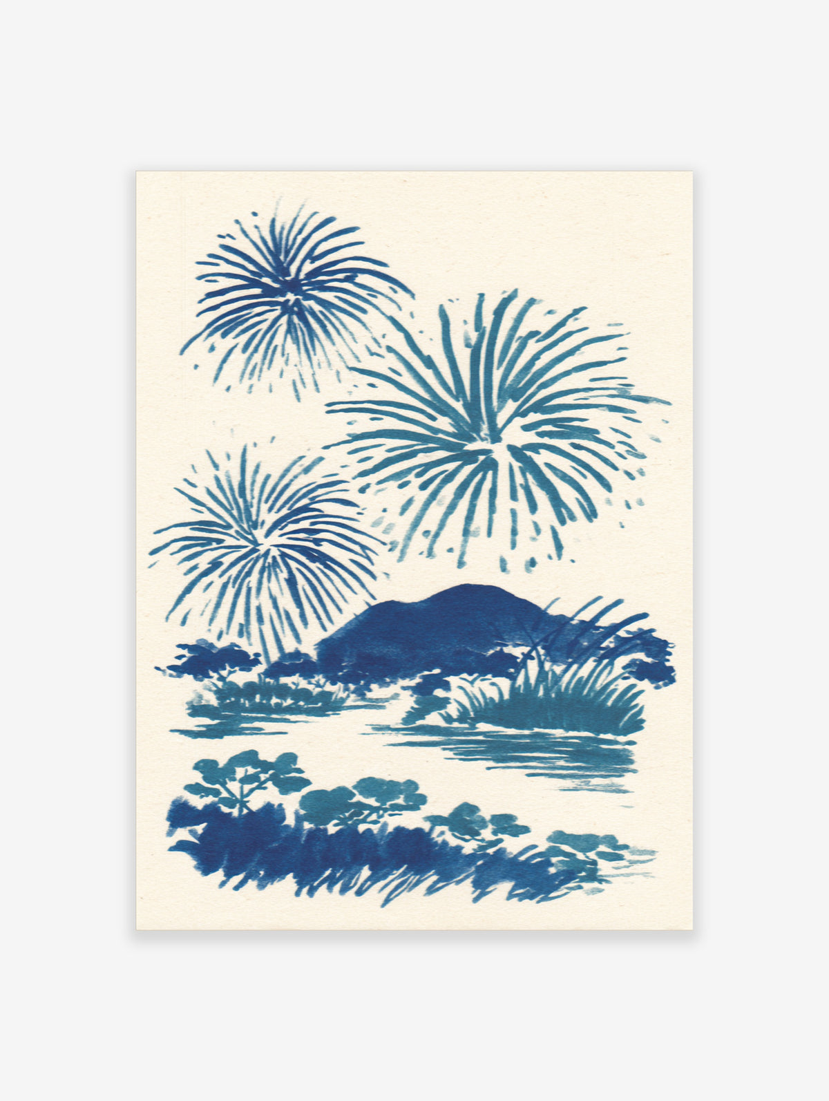 Blue fireworks poster with three bursts above a dark mountain and foliage in Japanese woodblock style