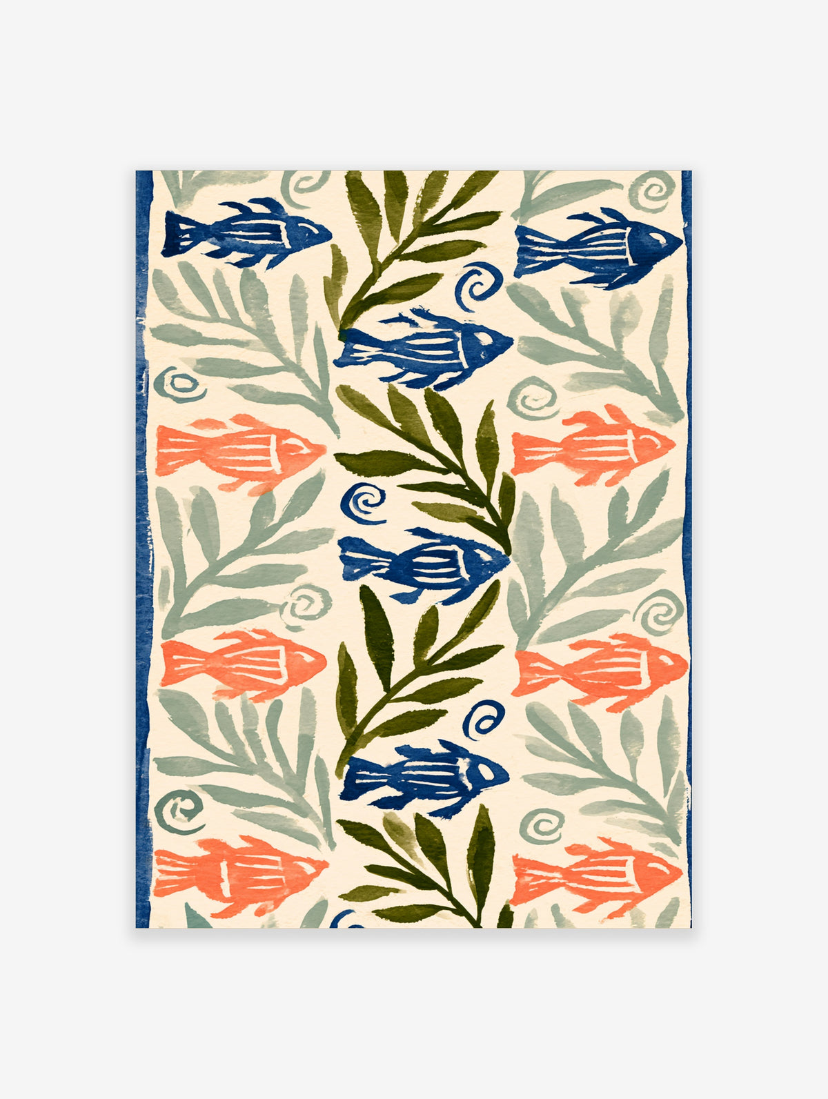 Blue and coral fish with olive and sage seaweed on cream background coastal art print