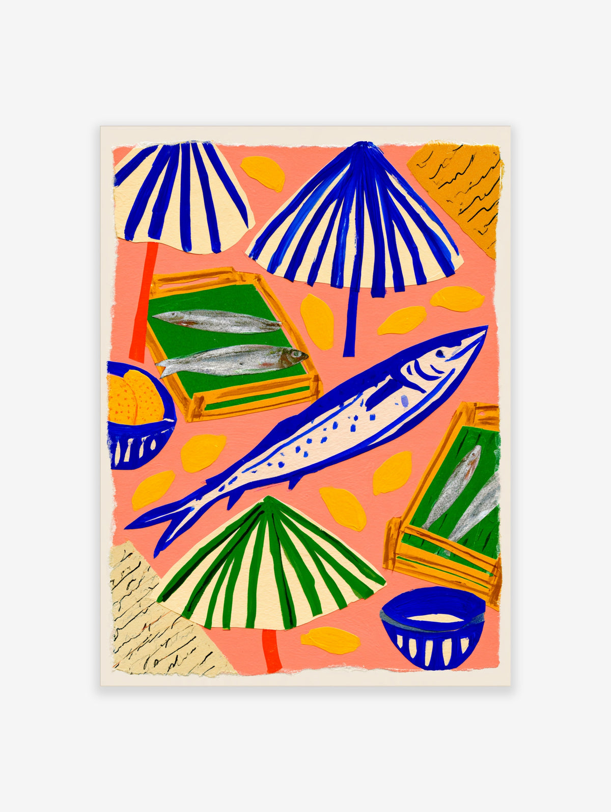 Blue fish and striped parasols poster with lemon shapes on pink background