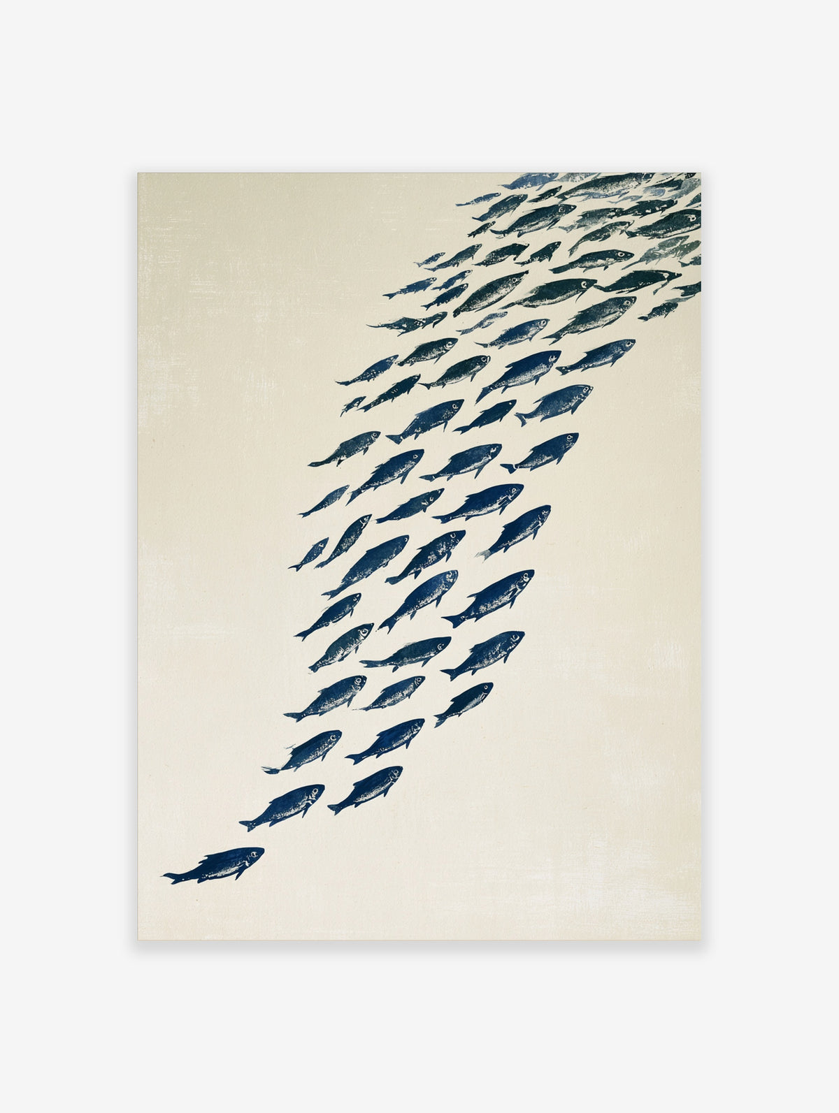 Navy blue fish shoal swimming diagonally on a cream background, unframed paper print