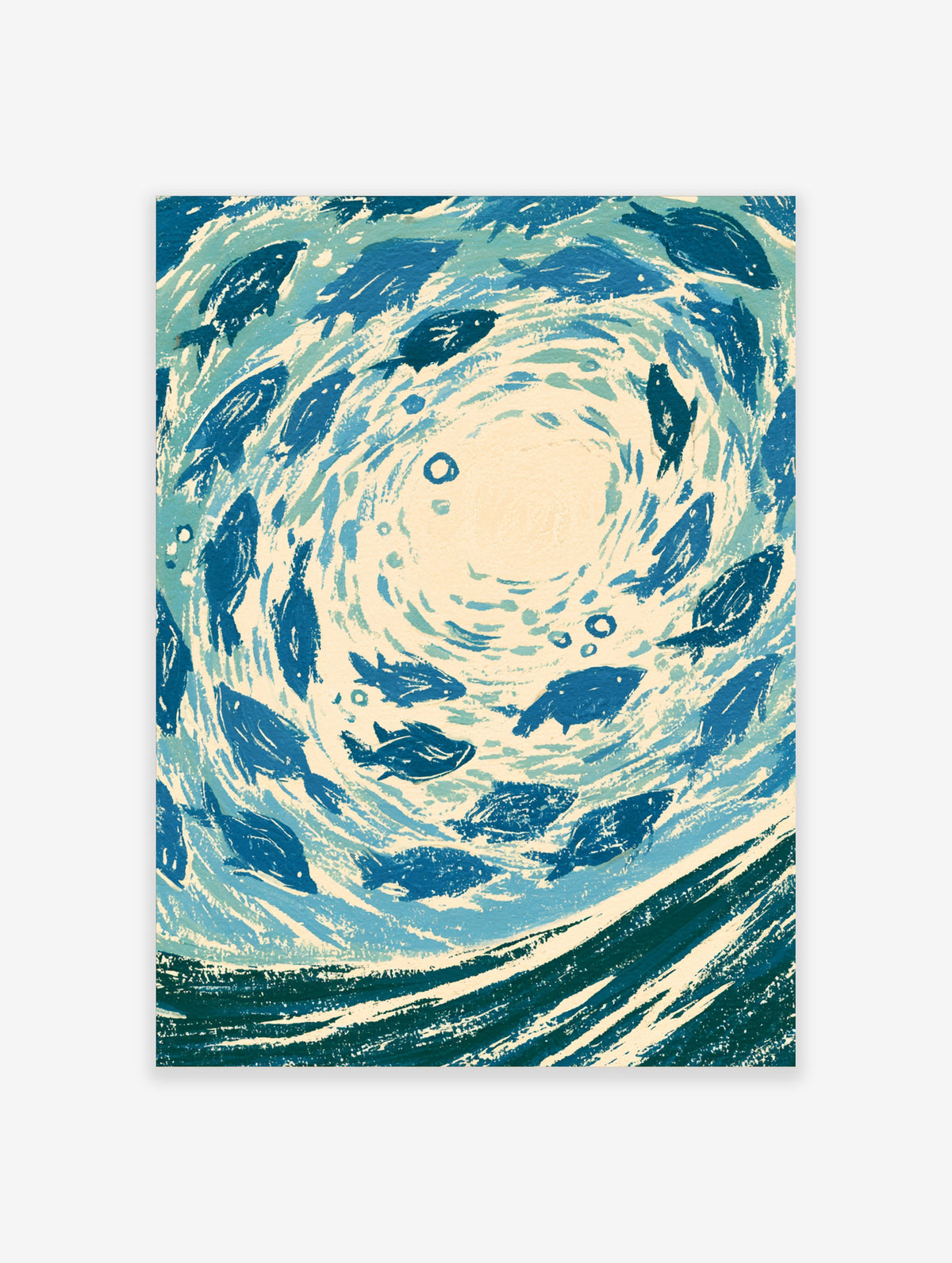 Blue fish swirl poster with a circular shoal around a cream centre in a linocut style