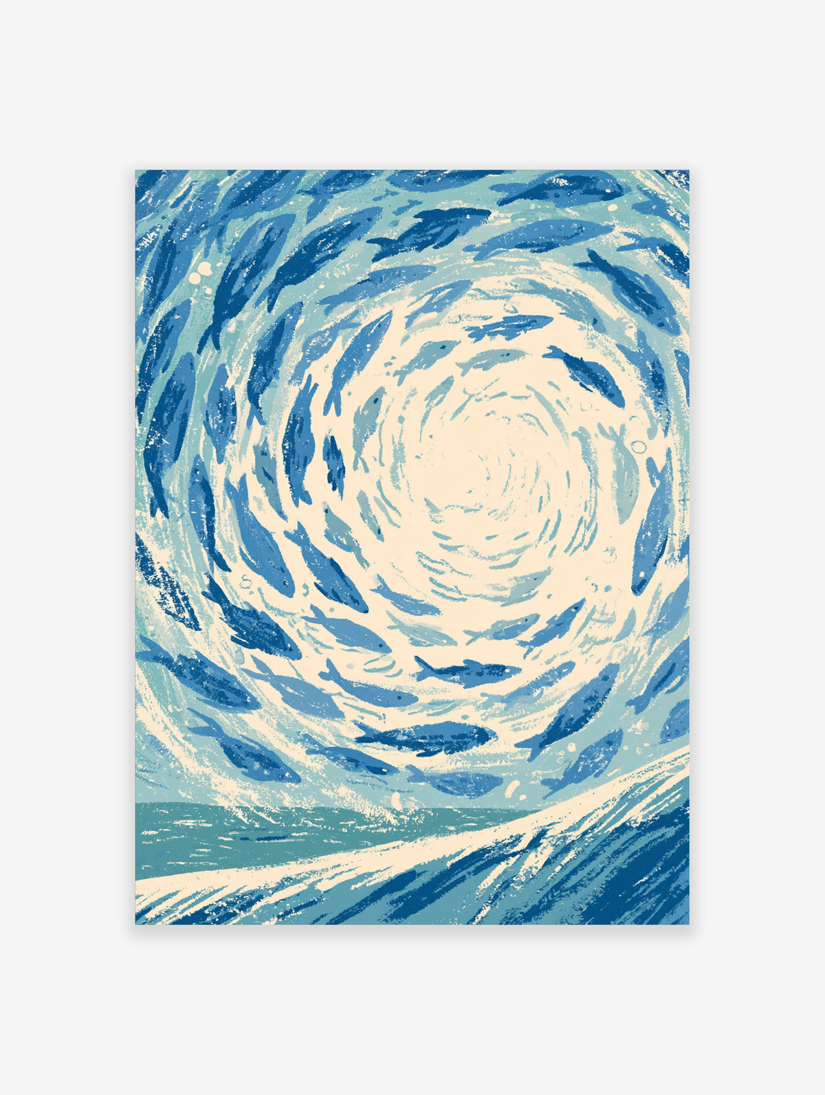 Blue fish shoal spiralling in a circle on a cream background, ocean art print