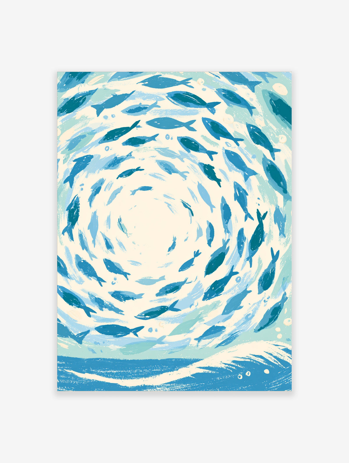 Blue fish swirl art print with circular school of fish on cream background