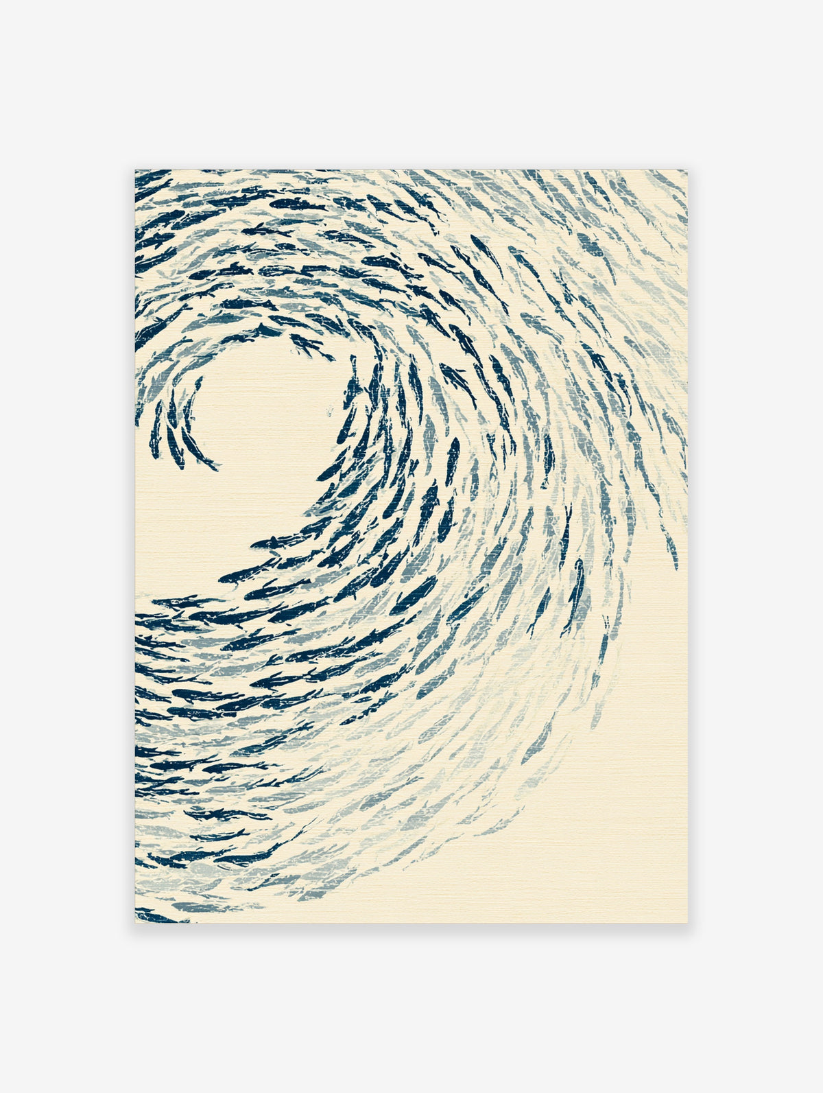 Blue fish wall art print with swirling school of fish in navy and pale blue on cream background