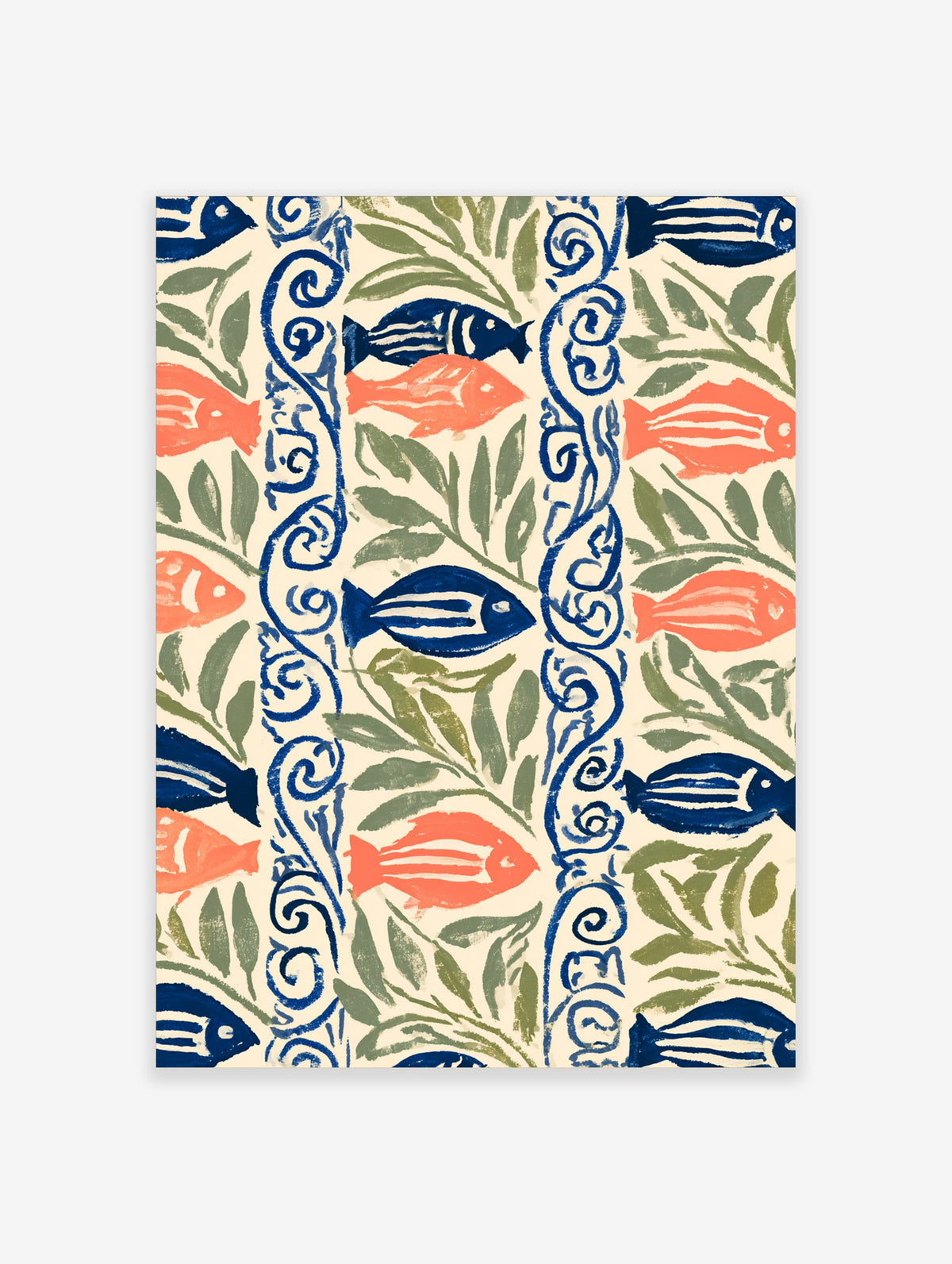Blue and coral fish pattern with olive leaves and blue spiral borders on cream background