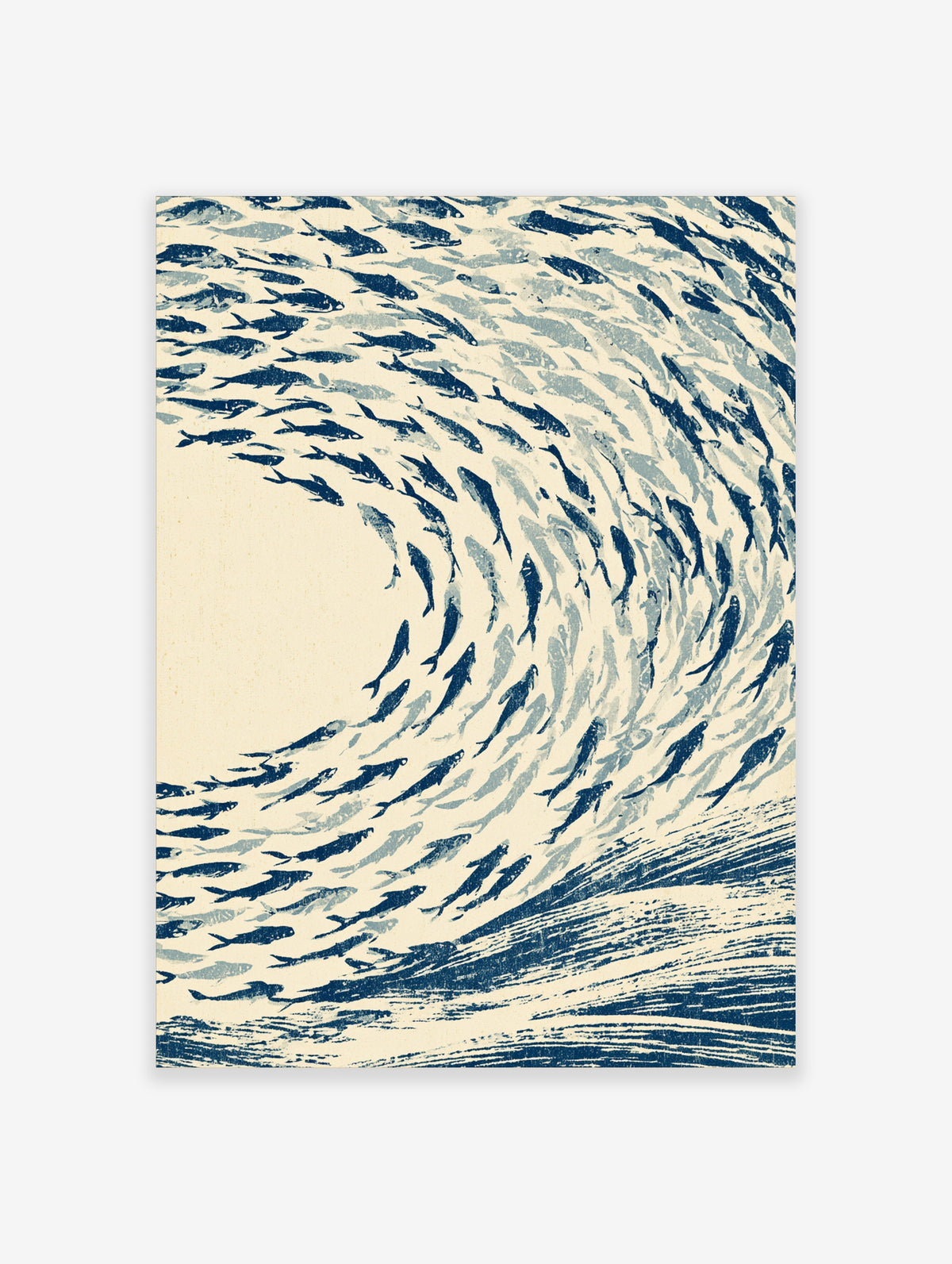 Navy blue fish swirling in a circle with a wave pattern on a cream background, Japanese style ocean art print