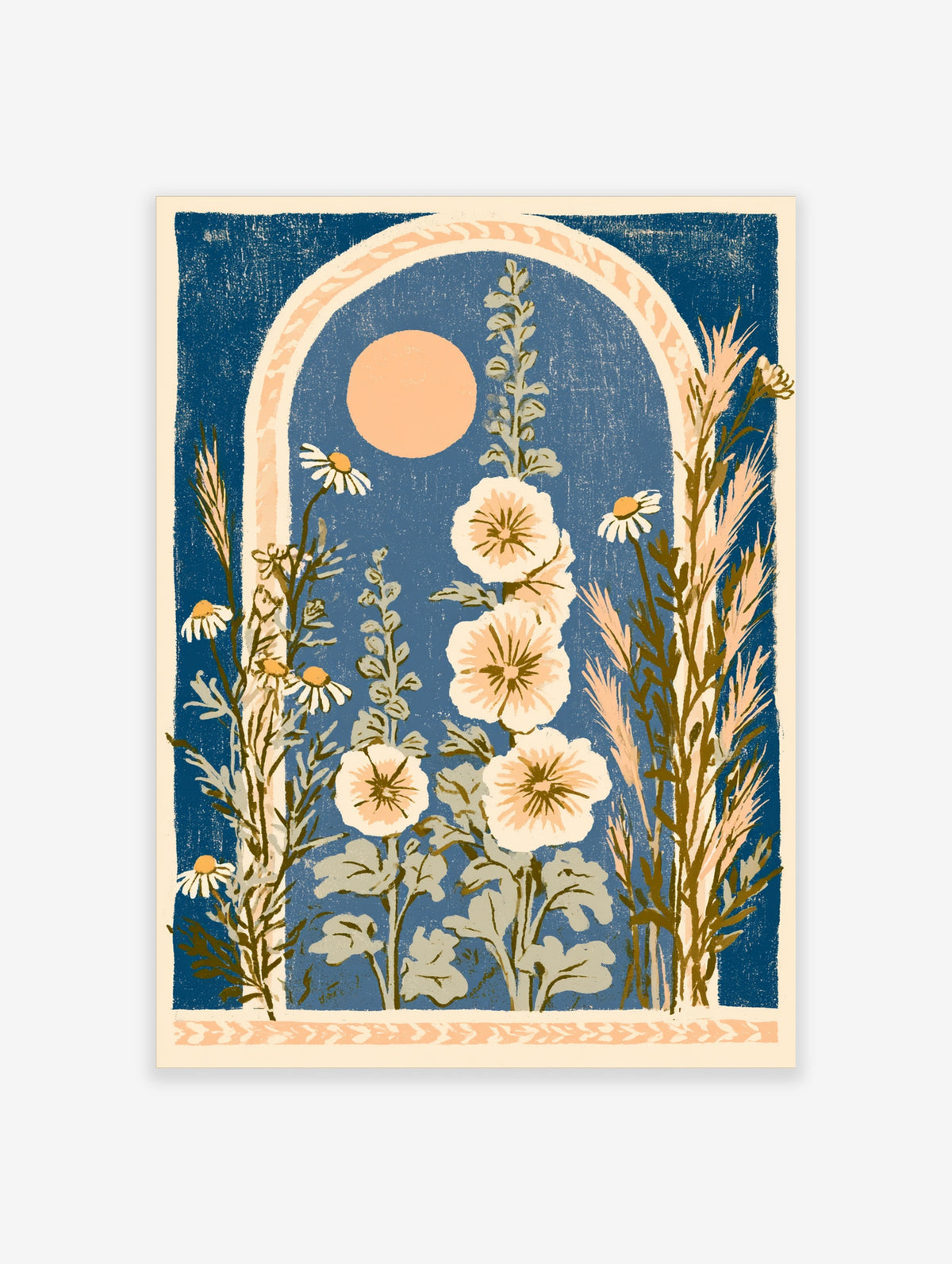 Blue floral arch poster with pink hollyhocks, white daisies, and peach sun on deep blue background