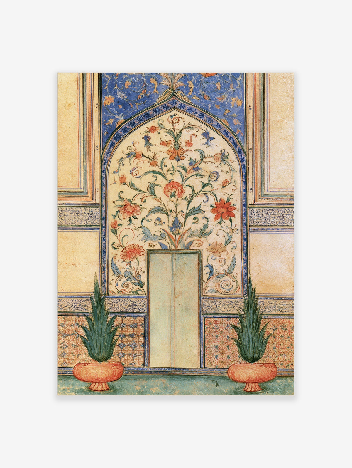 Blue floral arch wall art print with central vase of red and orange flowers on cream ground