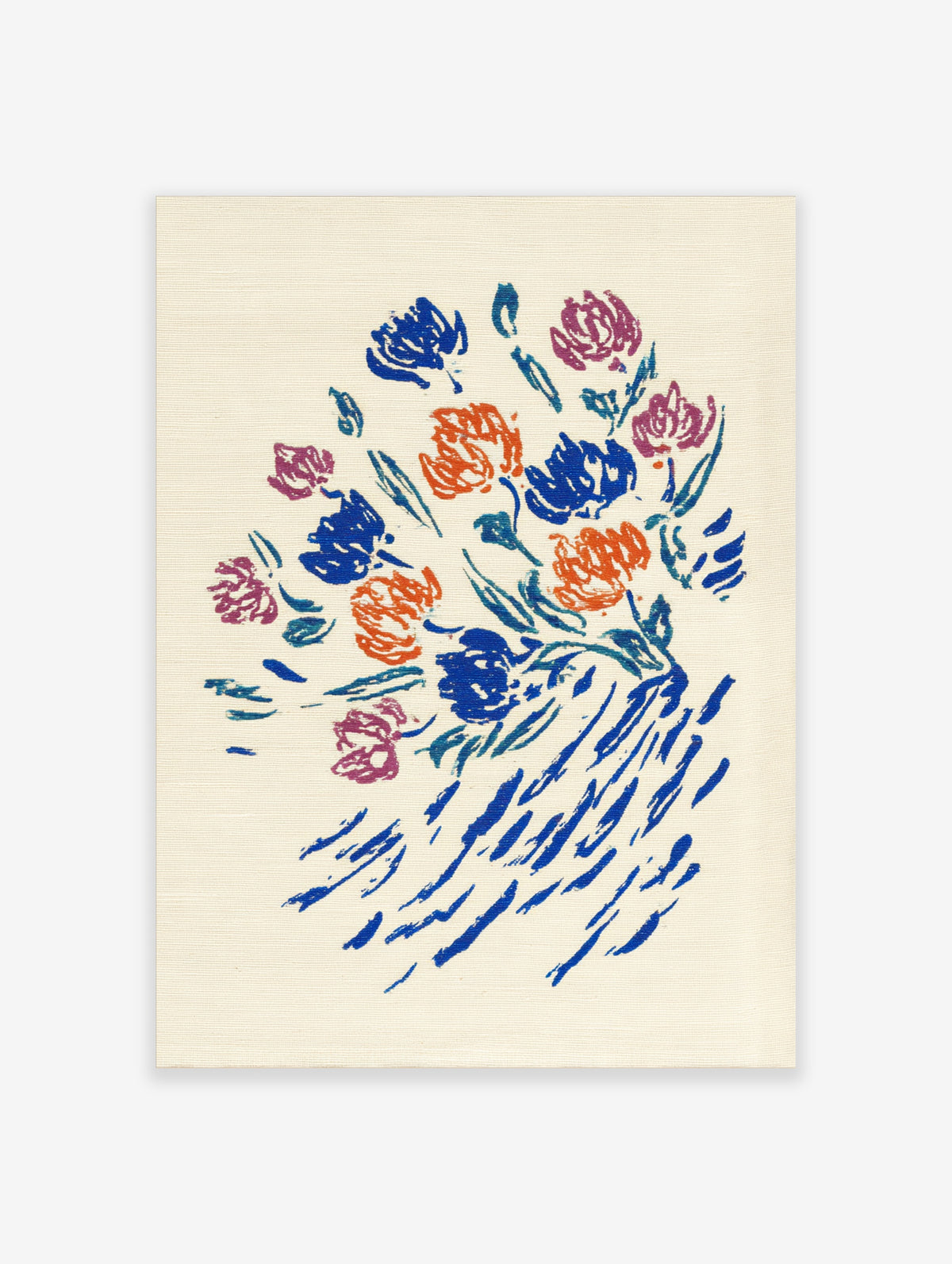 Blue floral bouquet poster with orange and pink flowers, green leaves, and blue brushstrokes on cream background