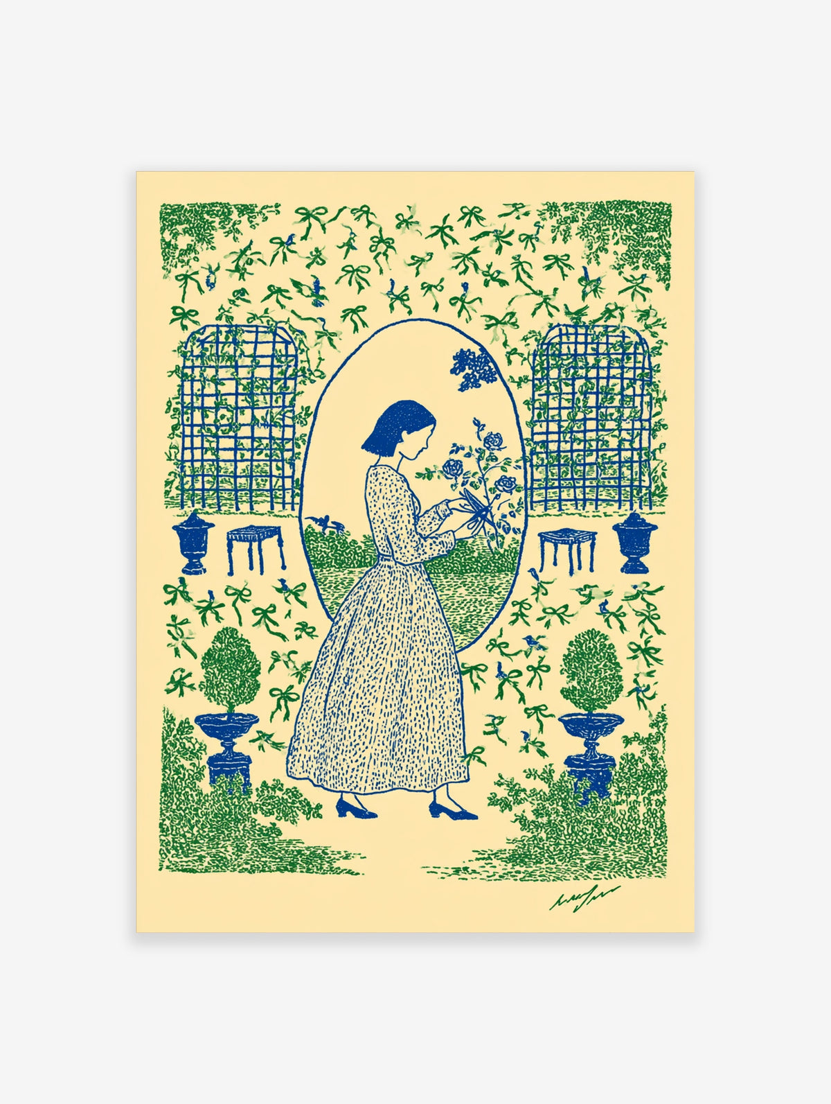 Blue and green garden illustration of a woman picking roses inside an oval border with trellises and ribbon motifs