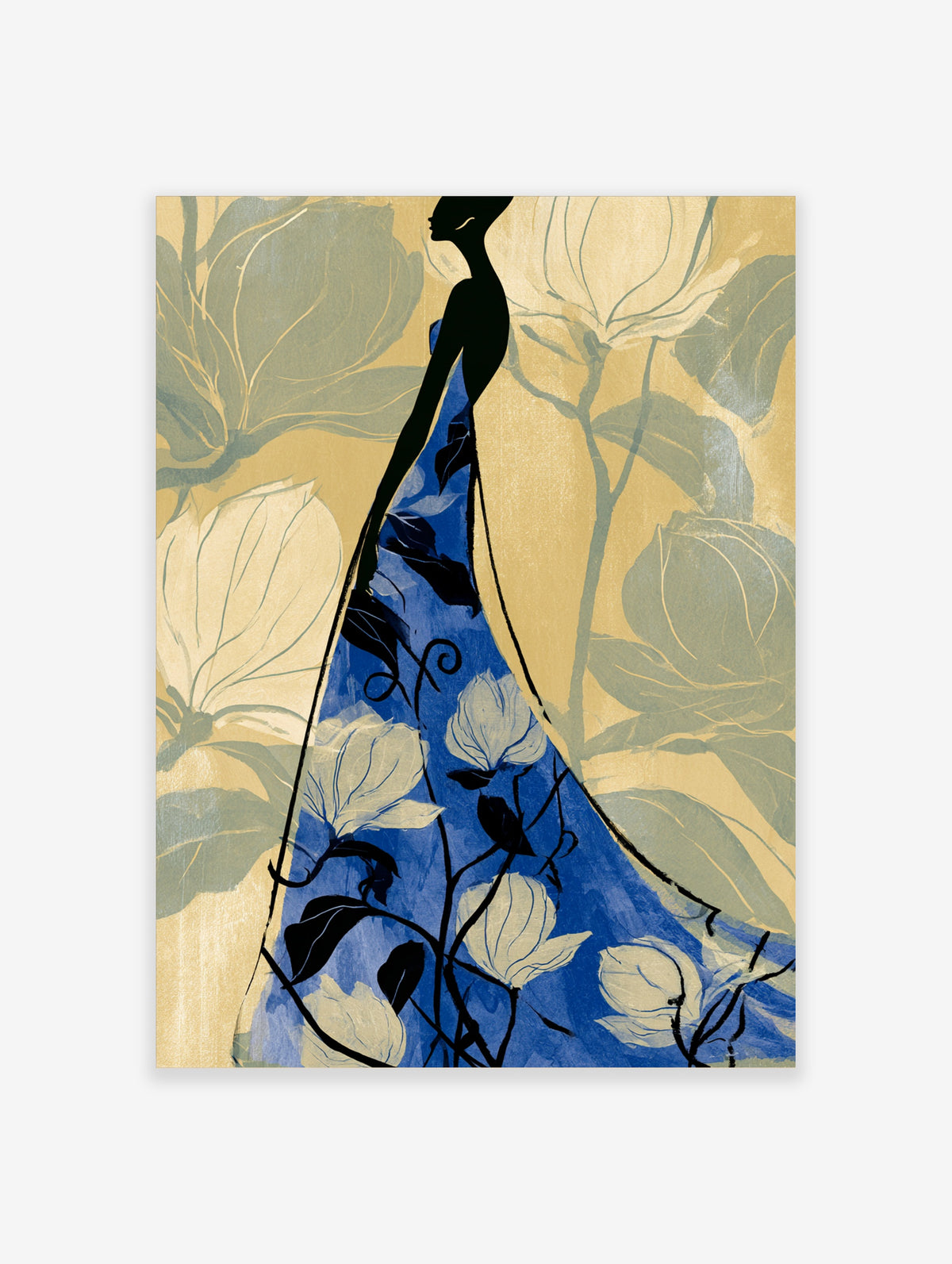 Blue floral maxi dress poster with black silhouette woman and cream flowers on cream background