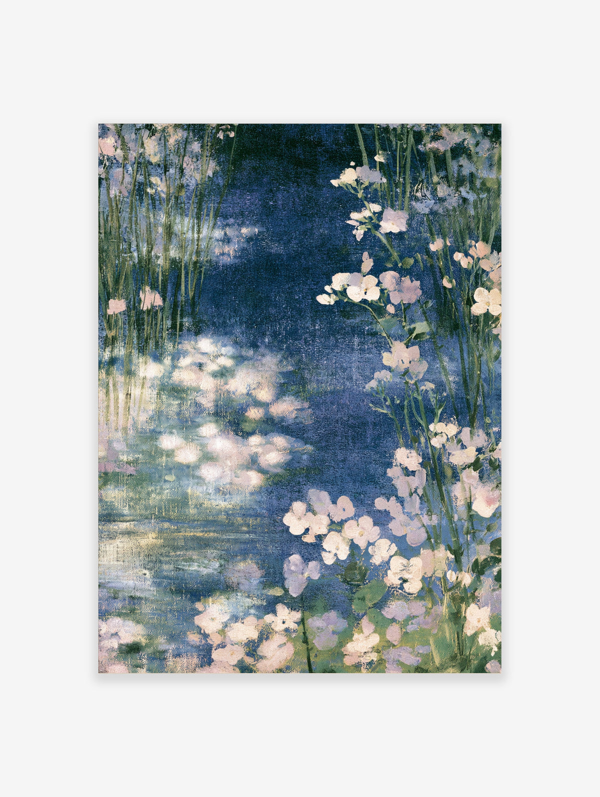 Blue floral meadow poster with pale pink and white blossoms on green stems against a textured navy background