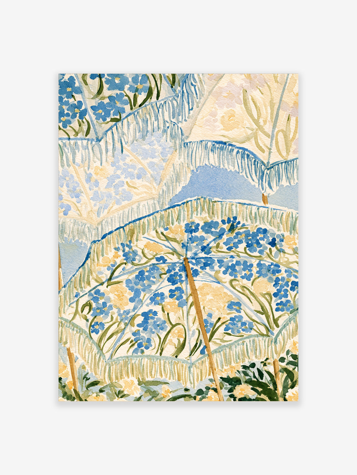 Blue floral watercolour umbrella poster with fringed edges and bamboo poles on a cream background