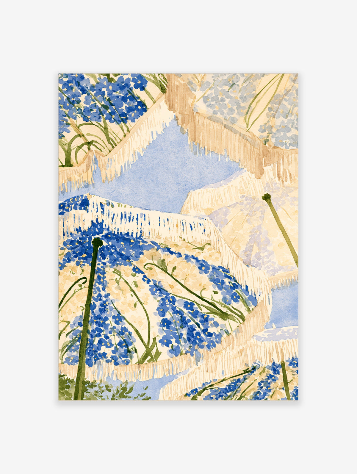 Blue floral umbrella pattern art print with watercolour flowers and green stems