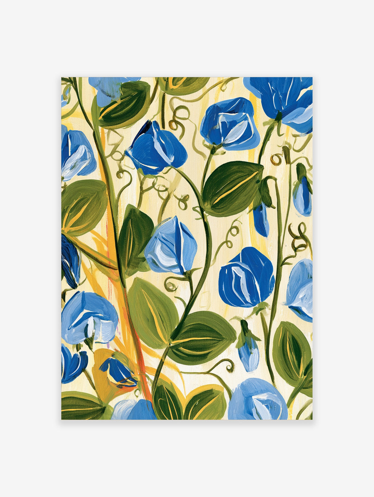 Blue floral vine botanical art print with green leaves and curling tendrils on cream background