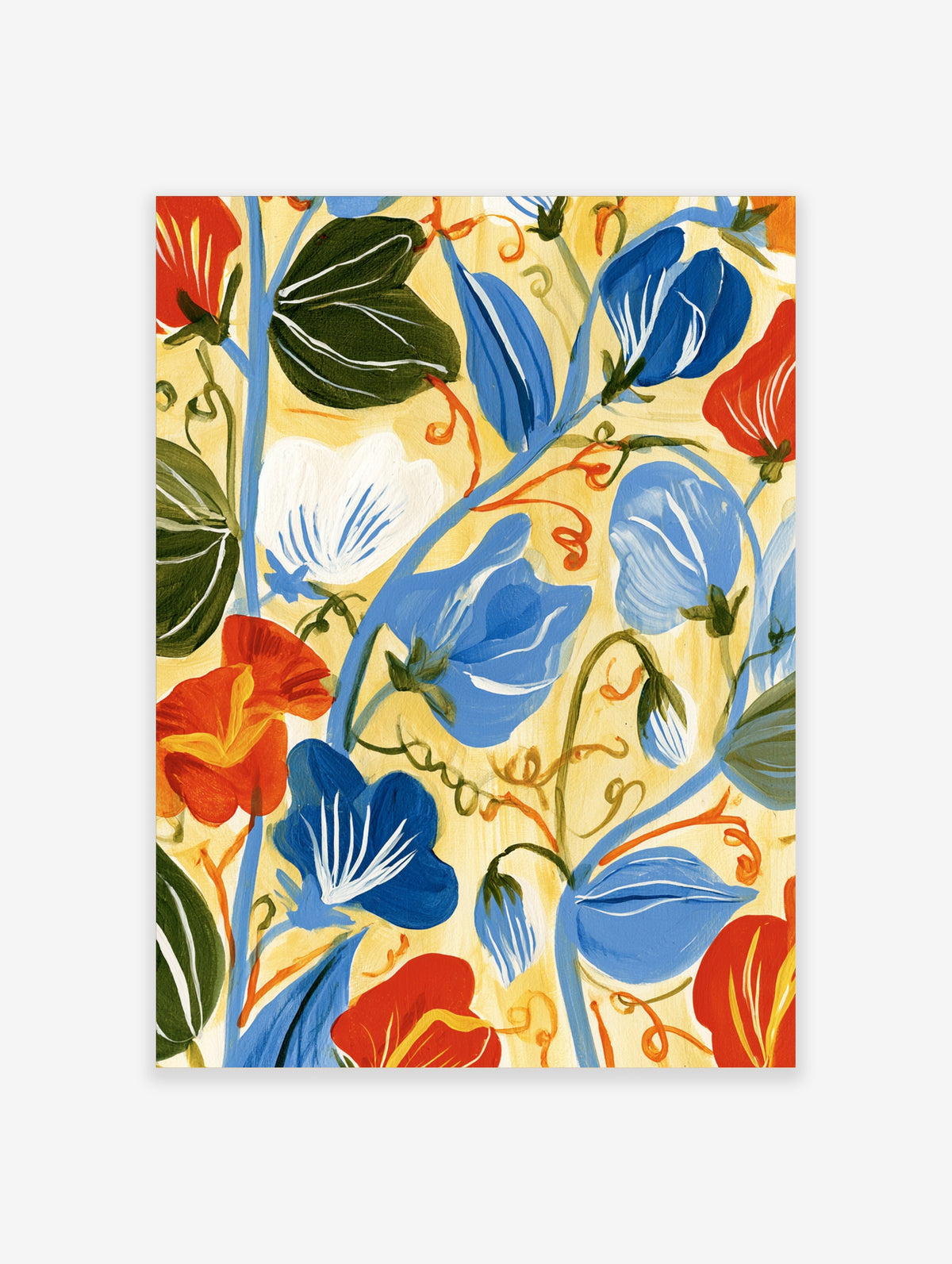 Blue, red and white stylised flowers with green leaves on yellow background floral art print