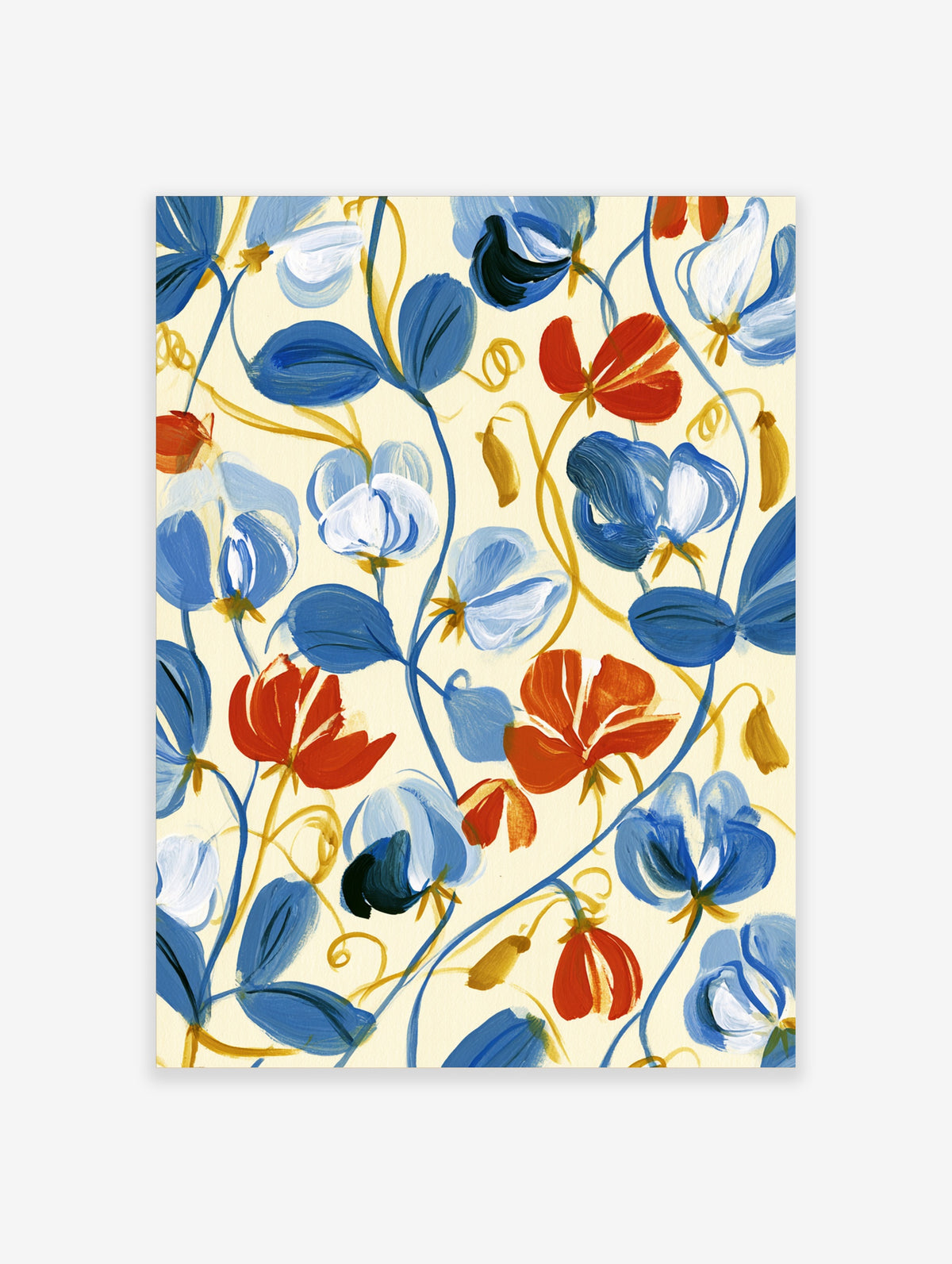 Blue and red painted flowers with looping vines on a cream background, floral art print