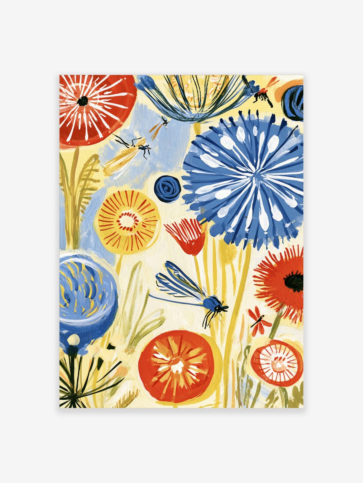 Blue and red stylised flowers with painted insects on a pale yellow background, botanical art print
