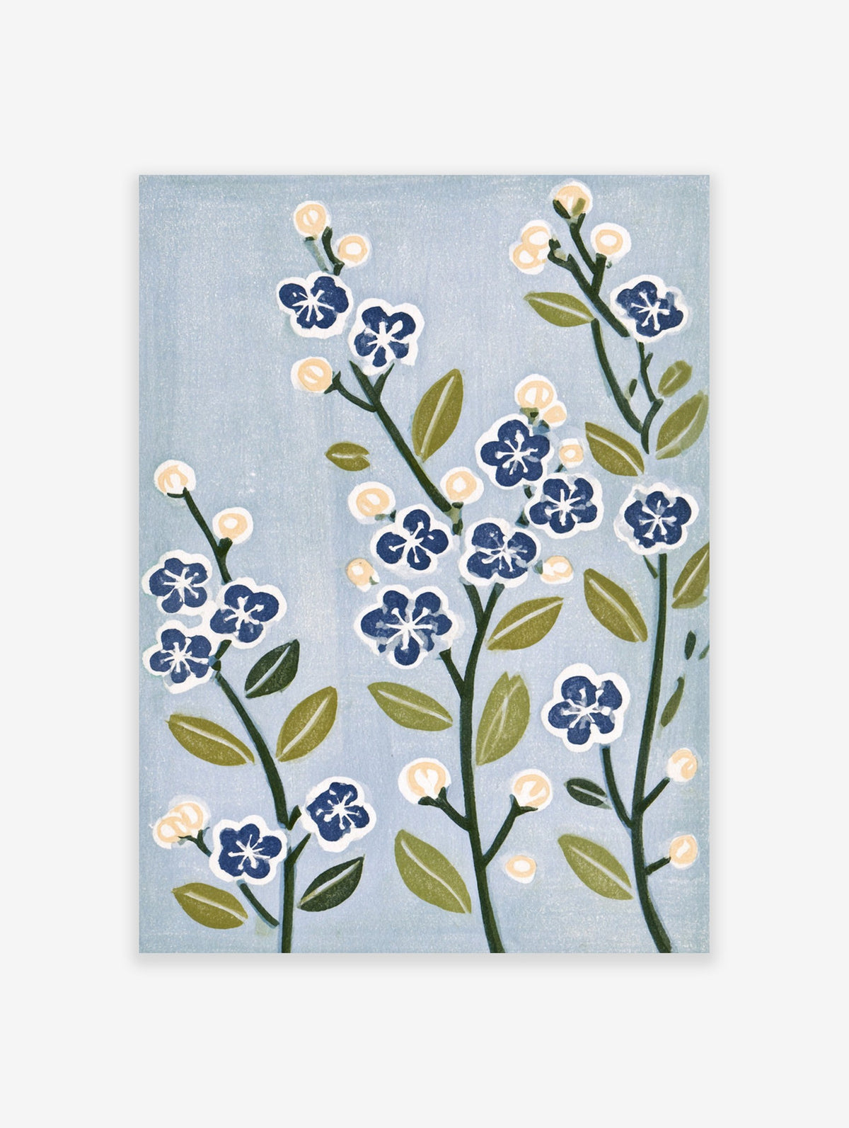 Botanical illustration print of blue flowers with green leaves on a light blue background