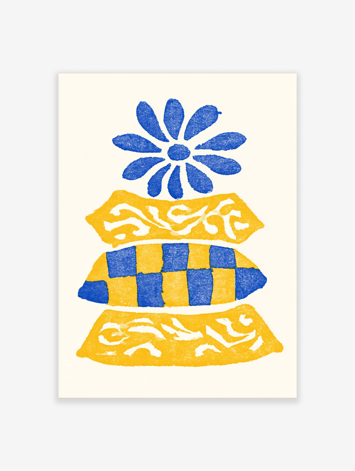 Blue flower geometric poster with checkerboard and scroll motifs on white background