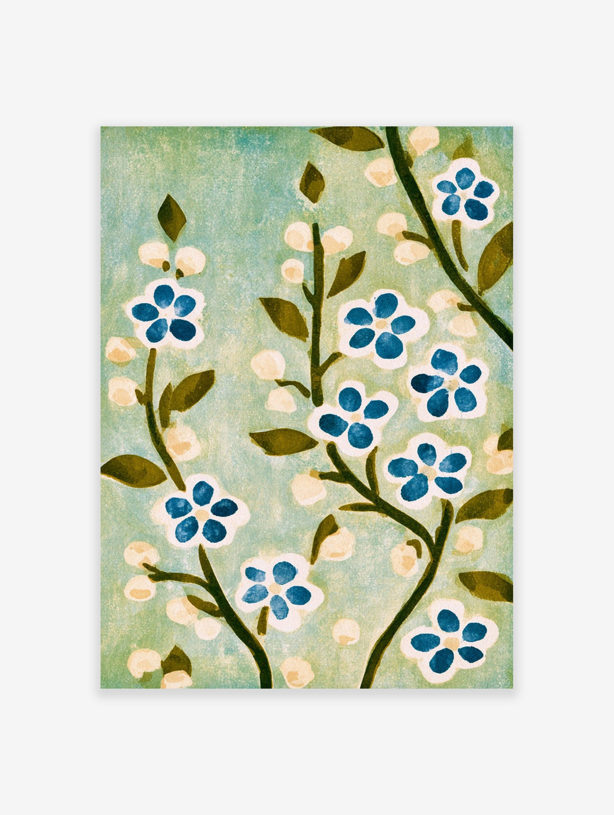 Botanical wall art print featuring blue five-petalled flowers and green leaves on a light green textured background