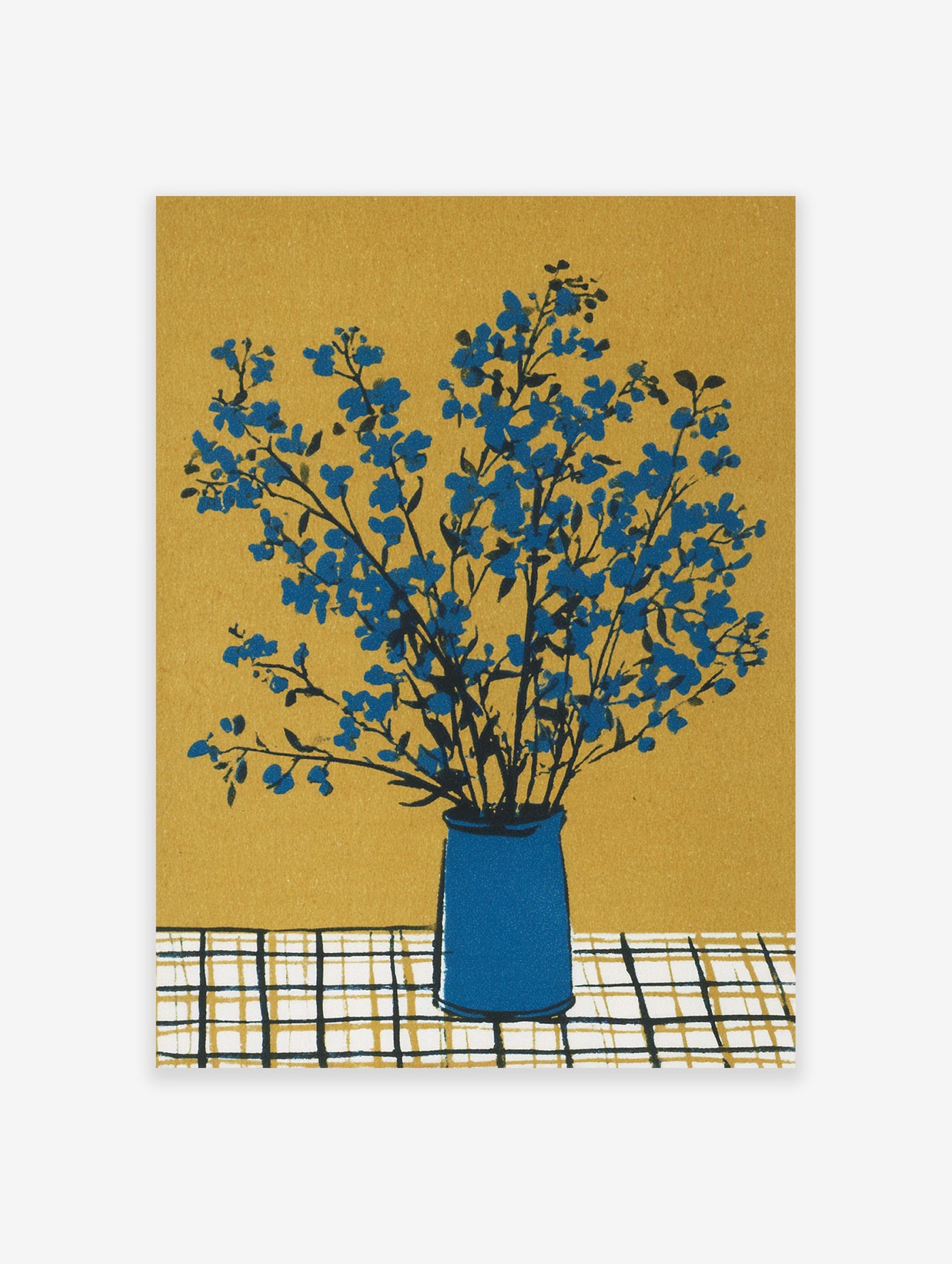 Blue flower botanical illustration in a blue vase on a checkered table against a mustard yellow background, blue flower wall art.