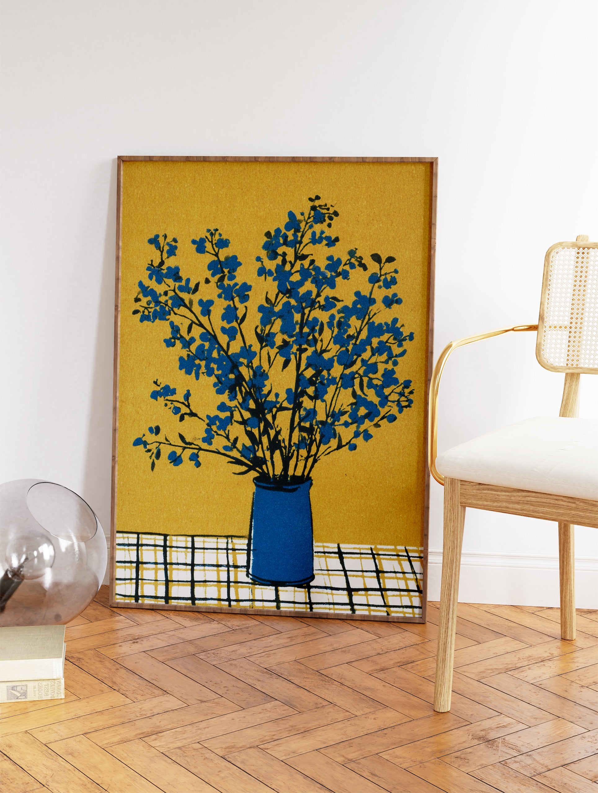 Blue flower botanical illustration in a blue vase on a checkered table against a mustard yellow background, blue flower wall art. - Image 2