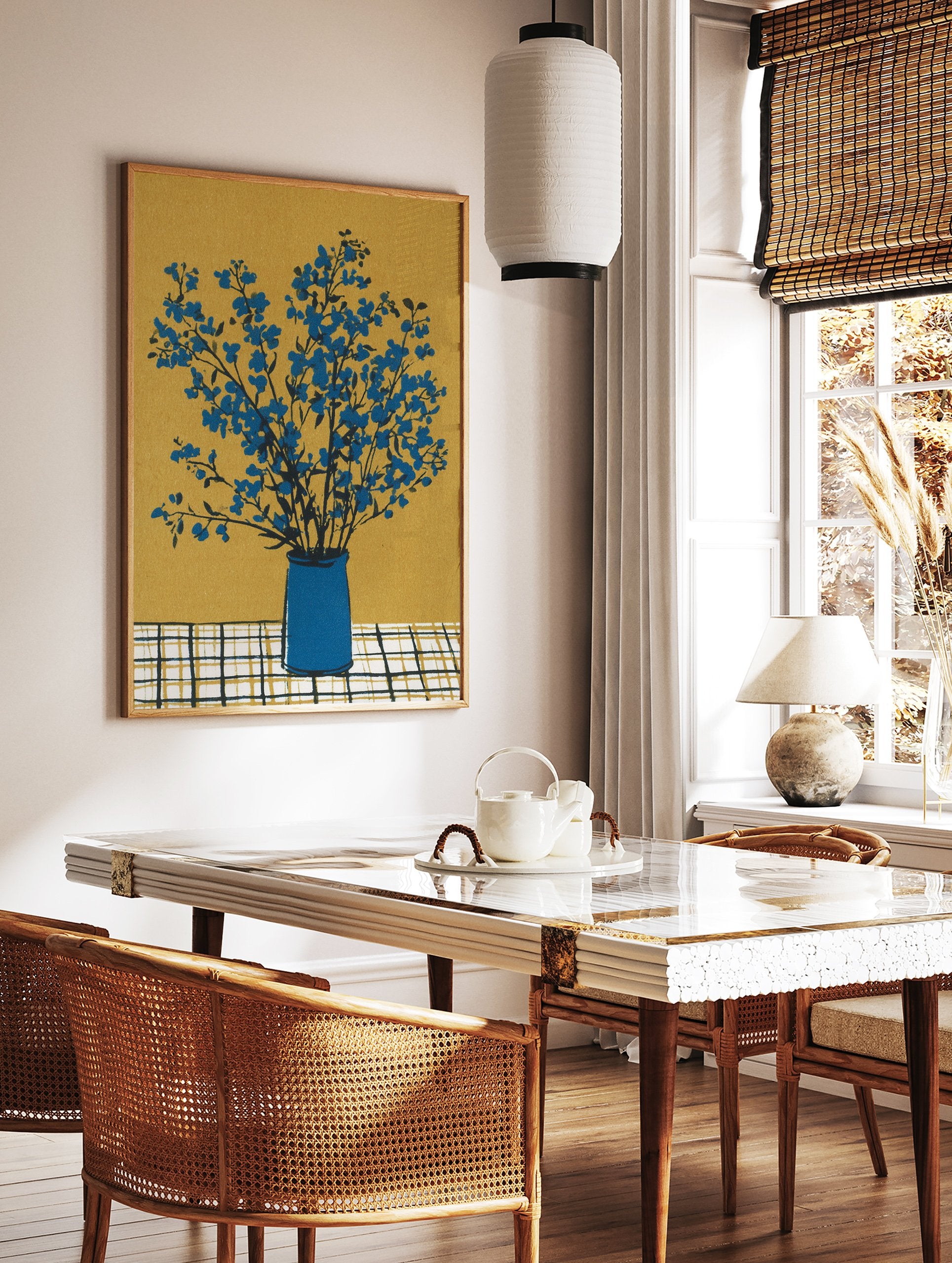 Blue flower botanical illustration in a blue vase on a checkered table against a mustard yellow background, blue flower wall art. - Image 3