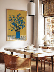 Blue flower botanical illustration in a blue vase on a checkered table against a mustard yellow background, blue flower wall art. - Image 3