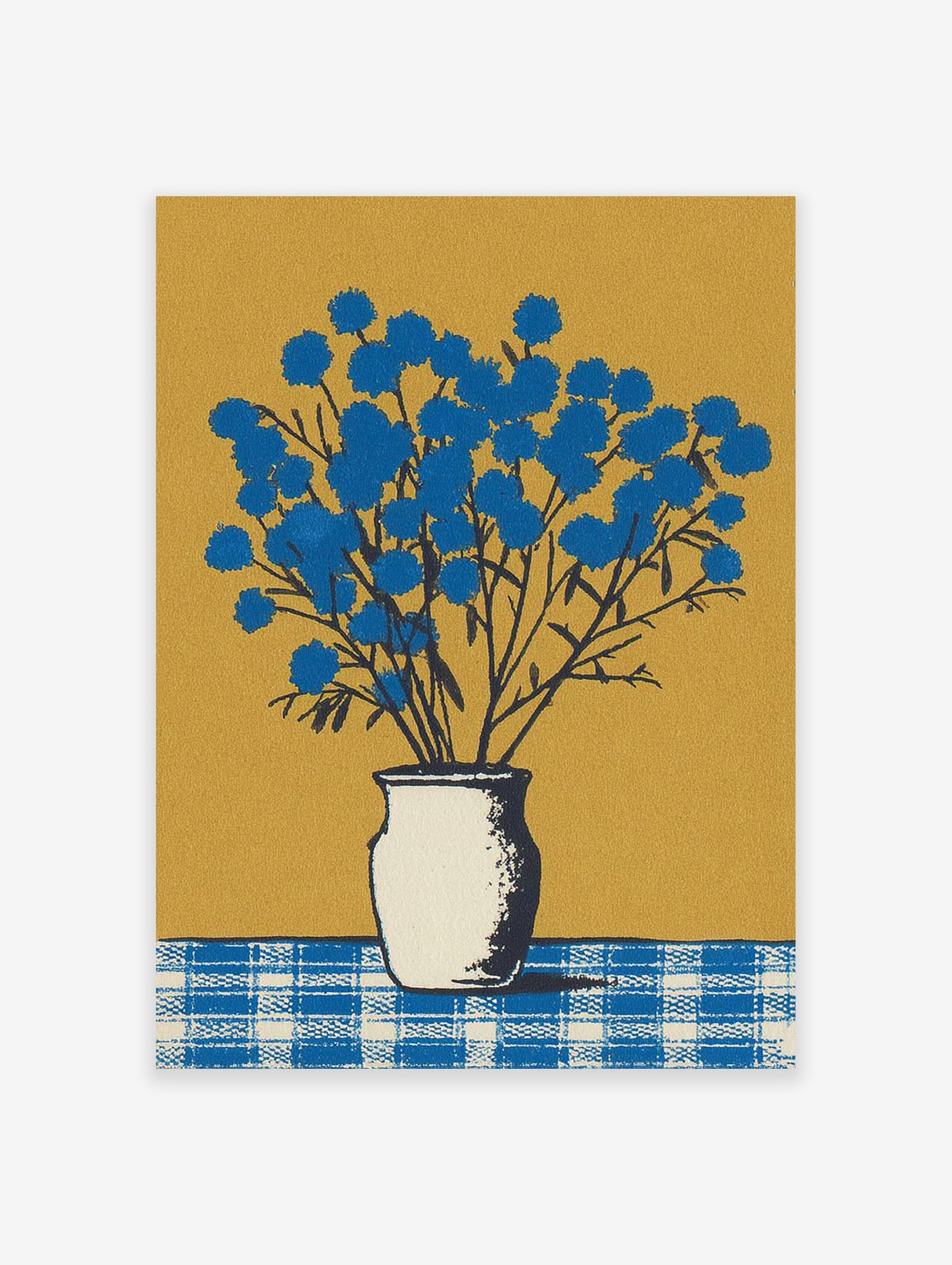 Blue flower wall art featuring a botanical illustration of vibrant blue flowers in a white vase on a checkered table against a gold background.