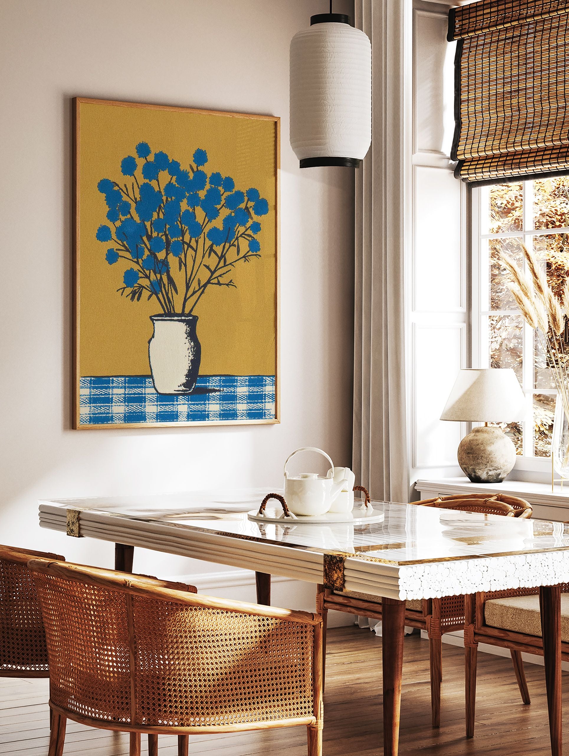 Blue flower wall art featuring a botanical illustration of vibrant blue flowers in a white vase on a checkered table against a gold background. - Image 3
