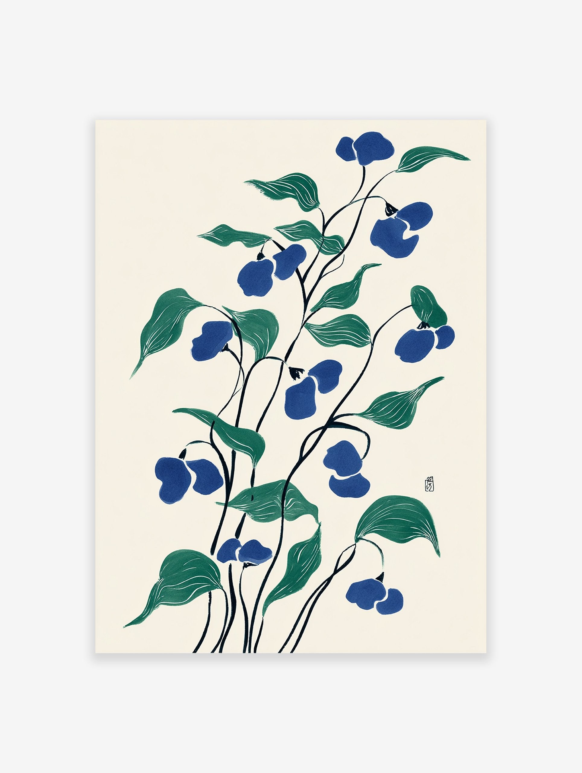 Blue flower botanical illustration with green leaves in a Japanese art style on a cream background.