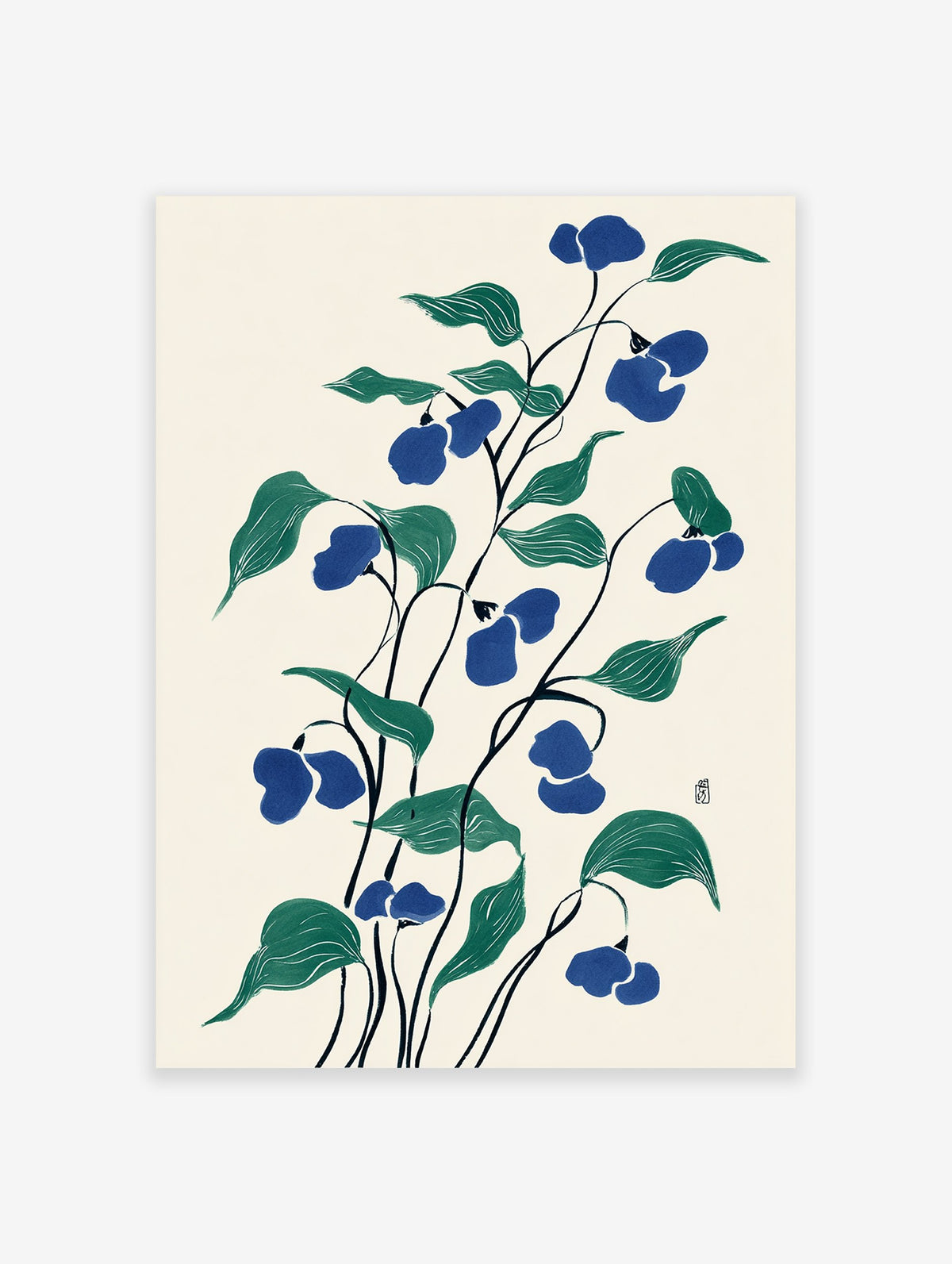 Blue flower botanical illustration with green leaves in a Japanese art style on a cream background.