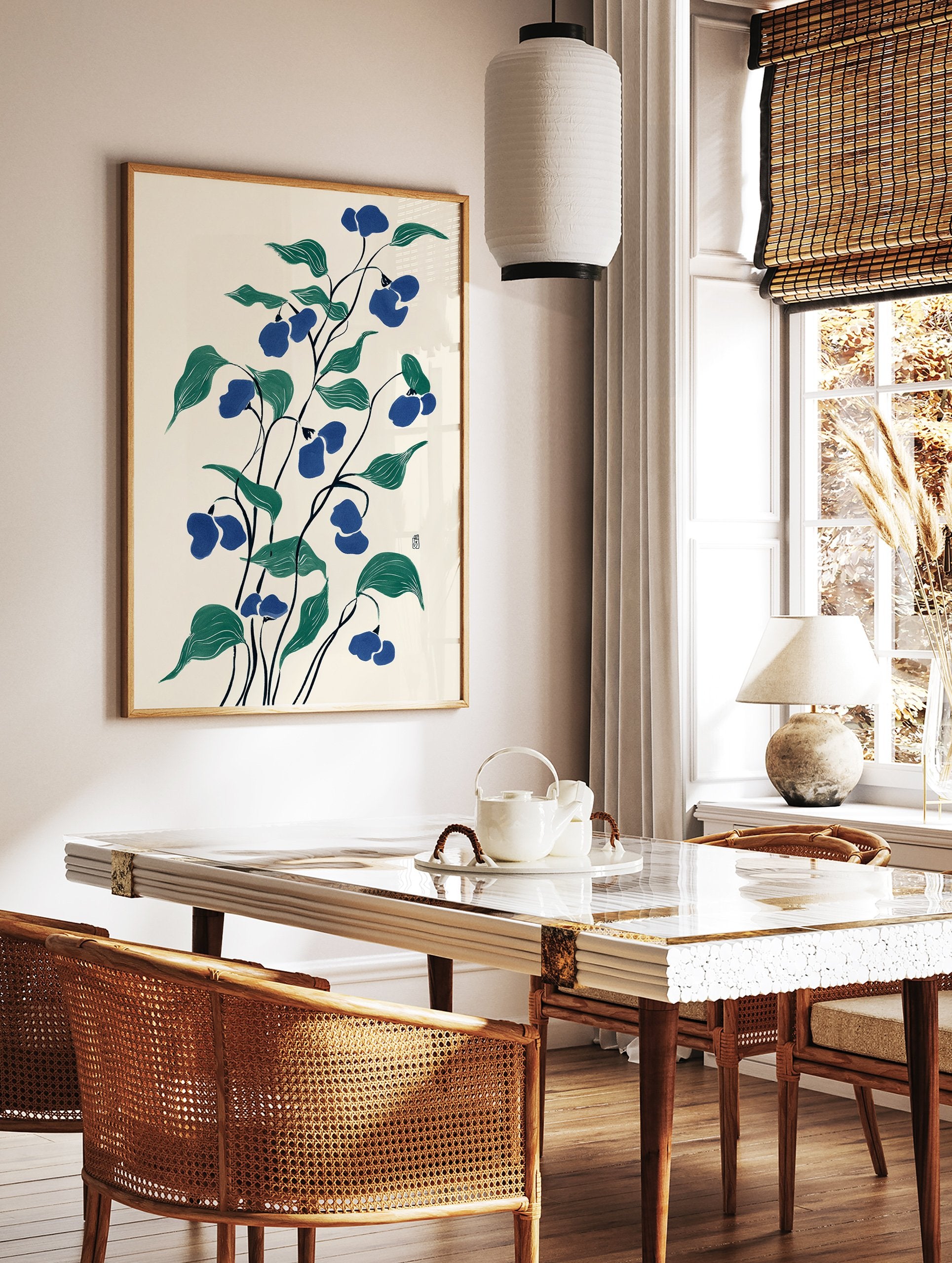 Blue flower botanical illustration with green leaves in a Japanese art style on a cream background. - Image 2