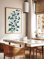 Blue flower botanical illustration with green leaves in a Japanese art style on a cream background. - Image 2