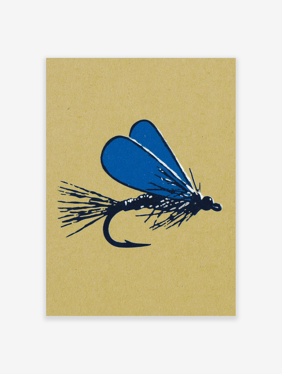 Blue fly fishing lure art print with winged insect design on tan background