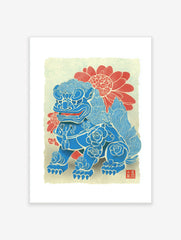 Blue Foo Dog guardian lion art print with swirling patterns, rose motifs, red flowers, and Japanese seal