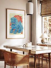 Blue Foo Dog guardian lion art print with swirling patterns, rose motifs, red flowers, and Japanese, in a styled room mockup