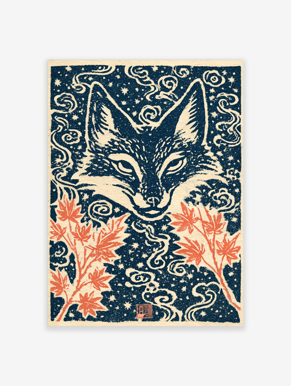 Navy blue fox art print with white clouds, stars, and coral maple leaves in Japanese woodblock style