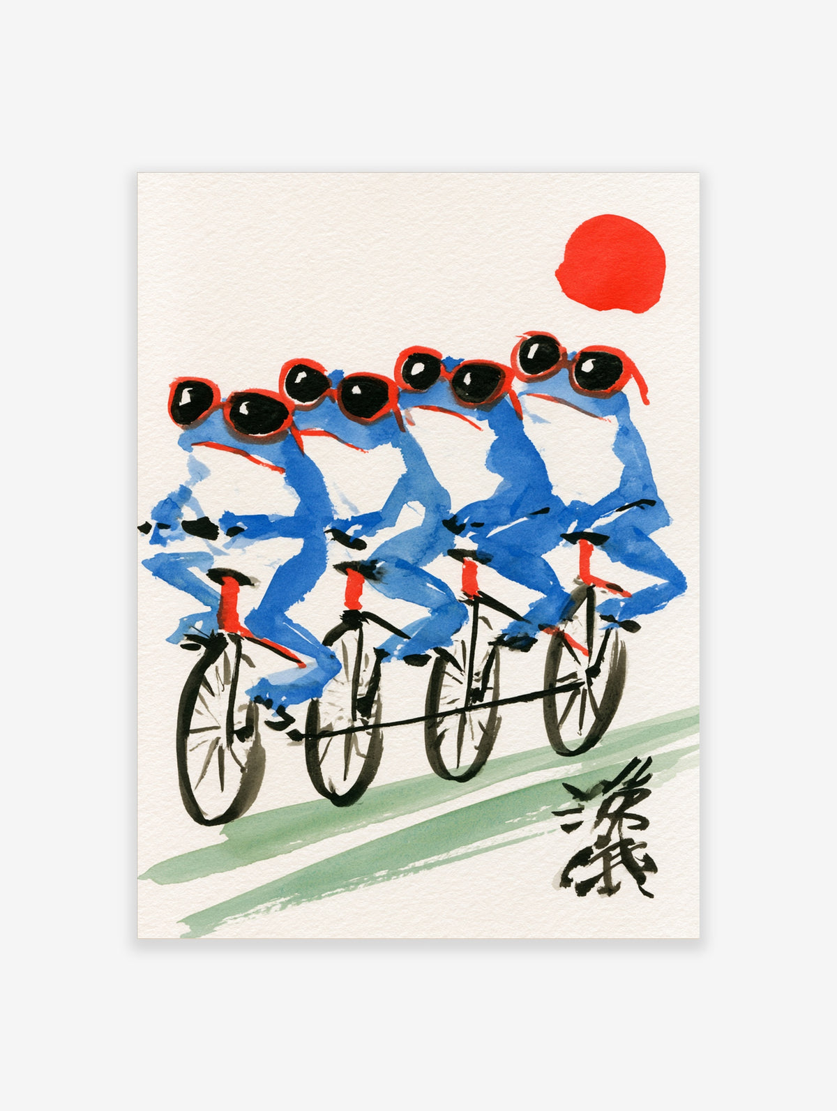 Four blue frogs in red sunglasses riding a tandem bicycle under a red sun, Japanese sumi-e style poster