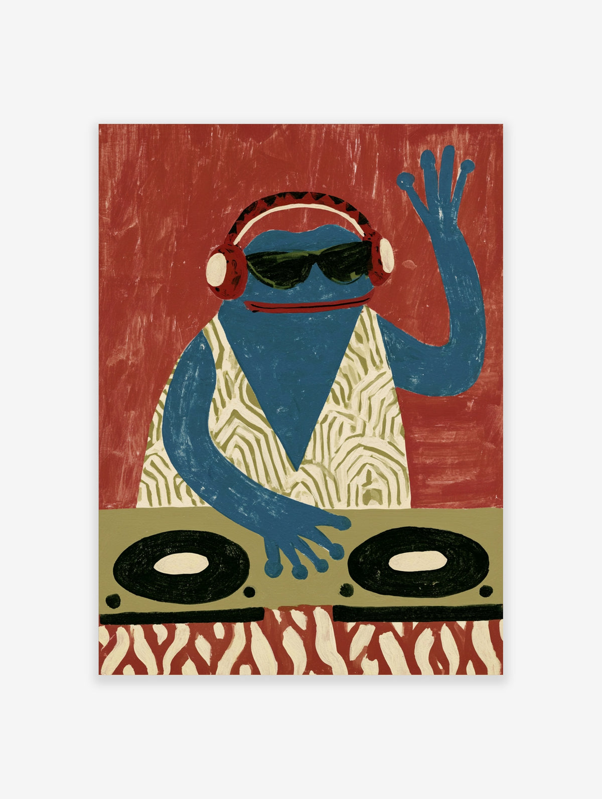 A blue frog DJ wearing headphones and sunglasses behind turntables, graphic illustrative wall art on a red background