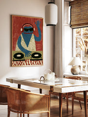 A blue frog DJ wearing headphones and sunglasses behind turntables, graphic illustrative wall art, in a styled room mockup